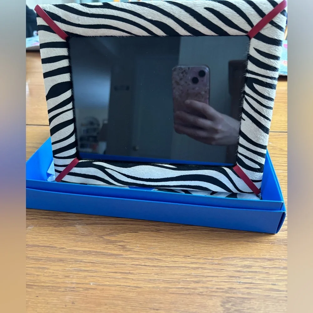 J McLaughlin Pony Hair Leather Picture Frame, Black Cream Zebra Print 5X7” Photo